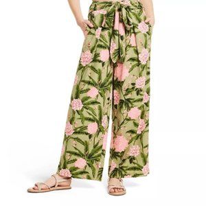 Women's Large Peony Print Wide Leg Pants - Agua Bendita x Target Dark Olive/Blus